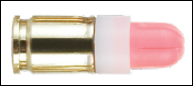 A cylindrical shaped munition with brass on one end and pink plastic on the other end with a
white band in the centre.